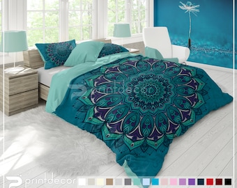 Peacock Mandala Bedding Set, Boho teal and turquoise Duvet Cover Set, Twin, Full, Queen, King Bohemian Bedding