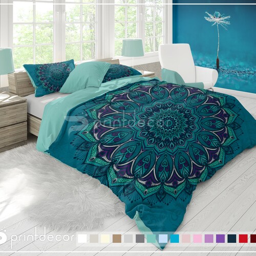 Peacock Mandala Bedding Set Boho Teal and Turquoise Duvet Etsy