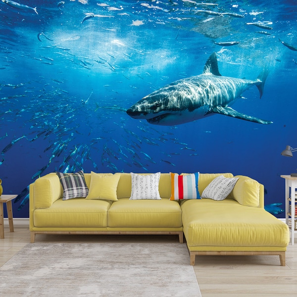 The Shark WALLPAPER MURAL, Underwater Wall Mural, Large Wall Mural, Self Adhesive Peel & Stick Mural, Ocean Hunting Shark Wall Covering