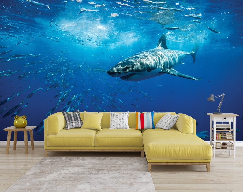 The Shark WALLPAPER MURAL Underwater Wall Mural Large Wall | Etsy