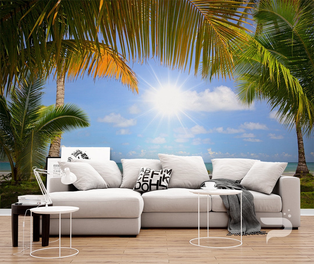 Beach Palms WALL MURAL, Beach Wall Covering, Tropical Beach Wall Art ...