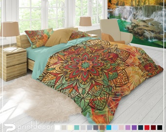 Mandala BEDDING SET, Orange Green Vintage Boho Bedding, Bohemian Duvet Cover Set, Twin, Full, Queen, King Hippie Bohochic Bedding Bed Set