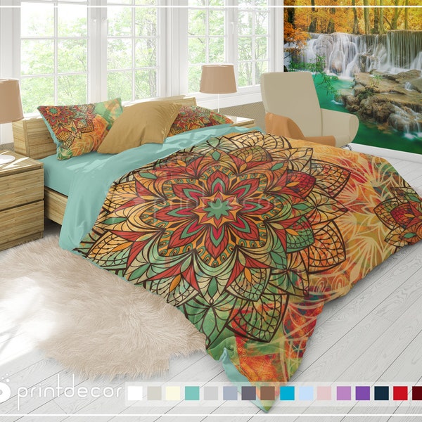 Mandala BEDDING SET, Orange Green Vintage Boho Bedding, Bohemian Duvet Cover Set, Twin, Full, Queen, King Hippie Bohochic Bedding Bed Set