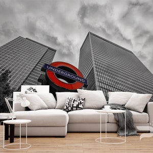 London in Black, White and Red WALL MURAL, England British Wallpaper Mural, Large Wall Mural, Self Adhesive Peel & Stick Mural Wall Murals