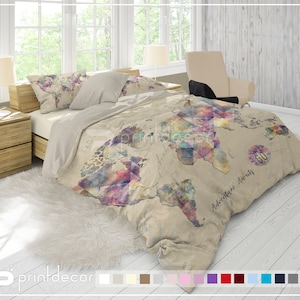 Hipster World Map Bedding, Adventure Map Duvet Cover Set, Travel Map Bedding, Boho Bedding, Twin, Full, Queen, King Bedding