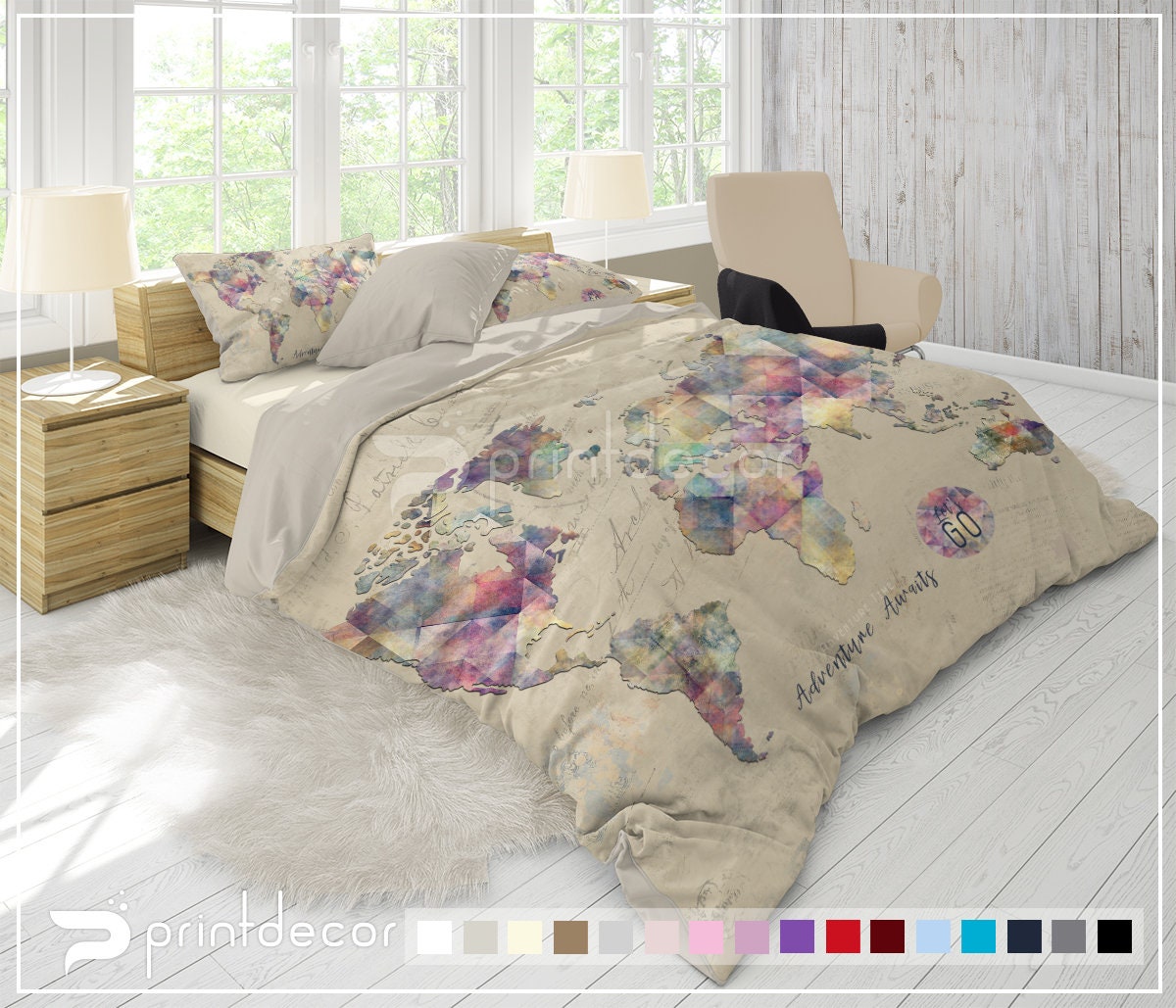 World Map Duvet Cover Set, World Countries Bedding Set, Road Map Quilt