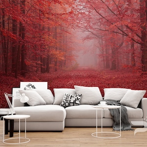 Red Forest WALL MURAL, Autumn Wallpaper, Large Wall Mural, Self Adhesive Peel & Stick Photo Mural, Colorful Autumn Forest Wall Covering