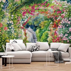 Flower Tunnel WALL MURAL, Floral Watercolor Wallpaper, Large Wall Mural, Self Adhesive Peel & Stick Photo Mural, Abstract Wall Covering