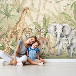 Nursery Wallpaper, Safari Jungle WALLPAPER, Watercolor Wall Art for Children Kids, Exotic Lion, Giraffe, Elephant, Parrot, Peel & Stick