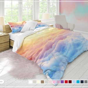 Bright rainbow clouds with sunrays Bedding Set, Multicolored clouds Duvet Cover Set,  Sky Bedding, Universe Twin, Full, Queen, King Bedding