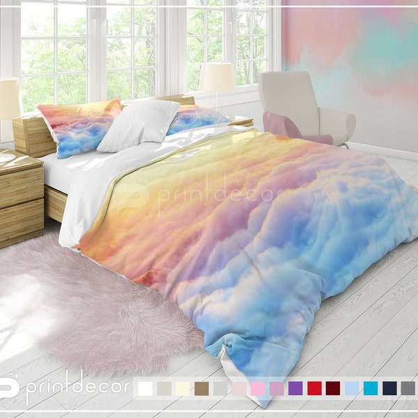 Bright rainbow clouds with sunrays Bedding Set, Multicolored clouds Duvet Cover Set,  Sky Bedding, Universe Twin, Full, Queen, King Bedding