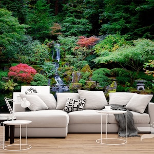 Japanese Garden WALL MURAL, Spring Lake Wallpaper, Green Garden Wall Covering, Large Wall Mural, Self Adhesive Peel & Stick Photo Mural