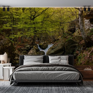 Spring Forest River WALLPAPER MURAL, Mountain Landscape Wall Mural, Self Adhesive Peel & Stick Mural, Forest Wall Decor, Large Wall Murals