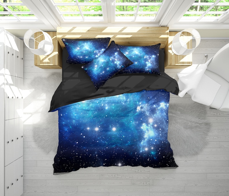 Castle Fairy Blue Galaxy Duvet Cover Set - Twin Size Wolf & Stars Design Kids Bedding With Pillowcase