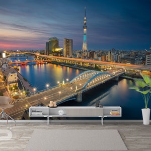 Tokyo Nightscape WALL MURAL, Japan Wall Covering, Tokyo Skytree Wall Art Print Poster, Removable and Reusable Wall Decor Peel & Stick Mural