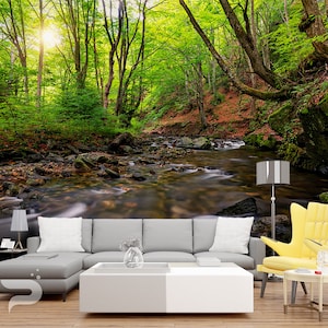 Mountain Forest River WALL MURAL, Forest Brook Wallpaper Mural, Large Wall Mural, Self Adhesive Peel & Stick Mural, Forest Stream Wall Mural