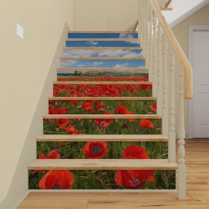 Rote Mohnblumen STAIR RISER AUFKLEBER, Stair Riser Vinyl Streifen, Blumen TreppenHaus Wandaufkleber, Stairway abnehmbare Tapete Peel and Stick