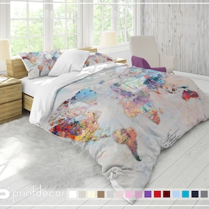 Ropa de cama Boho, Acuarela pintura del mundo Mapa Juego de funda nórdica, Mapa de viaje Ropa de cama, Twin, Full, Queen, King Boho Bedding