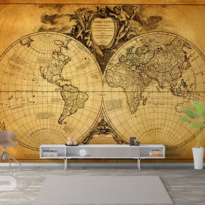 Carte du monde WALL MURAL, Old Map Wallpaper, vintage Marine Map of the World Wall Art Print Poster, Wall Decor, Amovible Peel & Stick Mural