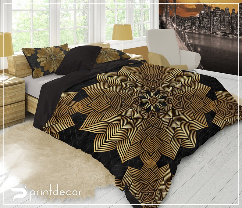 Mandala Bedding Set Boho Black and Gold Mandala Duvet Cover Etsy