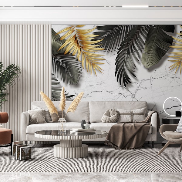 Abstrakte Palmblätter TAPETE, Florale Wandbedeckung, 3D Gold und Grüne Blätter Tapete, Luxus Marmor Wand Dekor, Peel & Stick Wand Wandbild