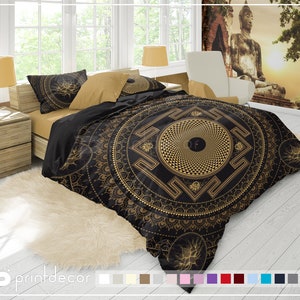 Boohoo Duvet Cover Set, Black and gold mandala Bedding, Yoga duvet cover set, Sacred Geometry art duvet cover set, Bohemian Bedding