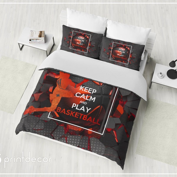 Basketball Bedding, Basketball Duvet Cover Set, Designer Sport Bedding, Keep Calm Bedroom College Bedding, Twin, Full, Queen, King Bedding