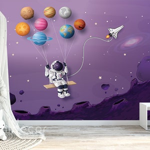 Brave Astronaut WALLPAPER, Nursery Wallpaper, Spacecraft Wall Art Decor for Girl or Boy, Peel & Stick, Galaxy Expedition, Space Adventure