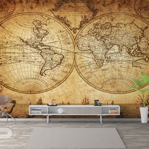 Hermoso mapa antiguo MURAL, Mapa vintage Revestimiento de pared, Mapa del mundo náutico Póster de impresión de arte mural, Decoración de pared, Mural extraíble de peel & stick