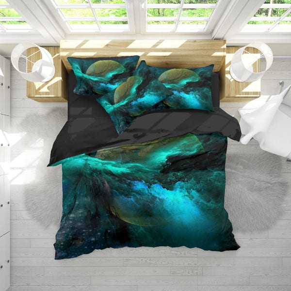 Green Nebula Bedding Set, Galaxy Duvet Cover Set, Planet In Space Bedding, Galaxy Bedroom Decor, Universe Bedding, Twin, Full, Queen, King
