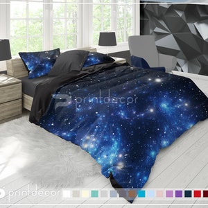 Dunkelblaue Sterne-Galaxie-Bettwäsche-Set, Blauer Nebel-Galaxie-Bettbezug-Set, Weltraum-Bettwäsche, Galaxie-Schlafzimmer-Dekoration, Twin-, Full-, Queen-, King-Size-Bettwäsche