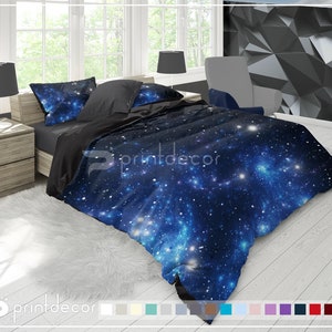 Dark Blue Stars Galaxy Bedding Set, Blue Nebula Galaxy Duvet Cover Set, Space Bedding, Galaxy Bedroom Decor, Twin, Full, Queen, King Bedding