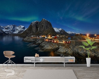 Northern Lights Mural Aurora Wallpaper Polar Lights Wall Etsy