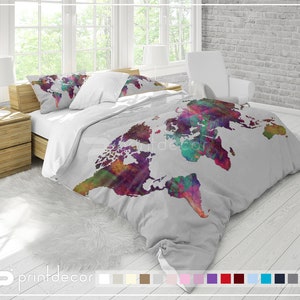 Ropa de cama Boho, juego de funda nórdica con mapa del mundo de pintura Grunge, ropa de cama con mapa de viaje, doble, completa, reina, rey ropa de cama Boho