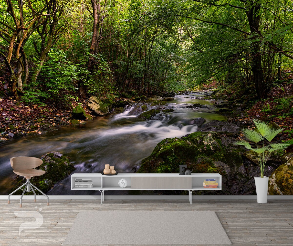 Forest Brook Wall Mural Green Forest Wallpaper Forest River Etsy Singapore