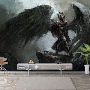 The Black Warrior WALL MURAL, Abstract Wall Covering, Black Angel Wall Art Print Poster, Removable Reusable Wallpaper, Peel & Stick Mural