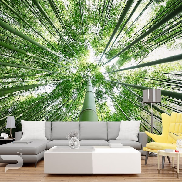 Bamboo Treetop WALL MURAL, Forest View Wall Covering, Green Trees Wall Art Print Poster, Removable, Reusable, Peel & Stick Wallpaper Mural