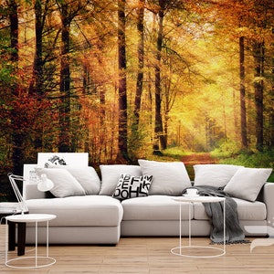Autumn Sunrays WALL MURAL, Forest Wallpaper, Autumn Forest Path Wall Mural, Large Mural, Removable Self Adhesive Peel & Stick Photo Mural