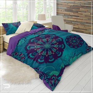 Bohemian Mandala Bedding Set, Boho peacock Duvet Cover Set, Teal bohemian Bedding, Boho Bedroom Decor,  3 piece Duvet cover set
