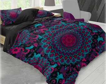 Ensemble de literie Boho Mandala, ensemble de housse de couette Boho chic violet rose et turquoise mandala, ensemble de housse de couette Hippie 3 pièces