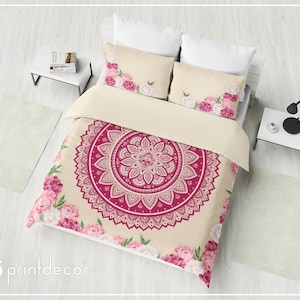 Floral Mandala BEDDING SET, Shabby Chic Bedding, Bohemian Duvet Cover Set, Boho Peonies Flower Bedding, Full, Queen, King Bohochic Bedding