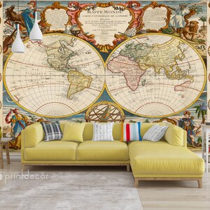 Vieille carte du monde colorée WALL MURAL, fond d’écran de carte vintage, belle reproduction de carte colorée de 1755 Affiche d’impression d’art mural, Peel & Stick Mural