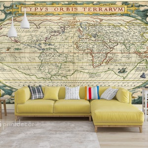 Vintage Map of the World Reproduction WALL MURAL, Old Map Wallpaper, Nautical World Map Wall Art Print Poster, Amovible Peel & Stick Mural