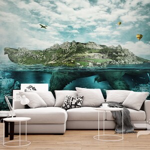 Turtle Island WALL MURAL, Abstract Wall Covering, Fantasy Ocean Island Wall Art Print Poster, Wall Decor, Removable Peel & Stick Mural