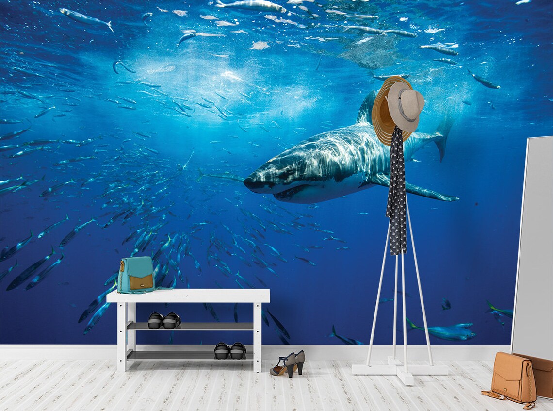 The Shark WALLPAPER MURAL Underwater Wall Mural Large Wall | Etsy