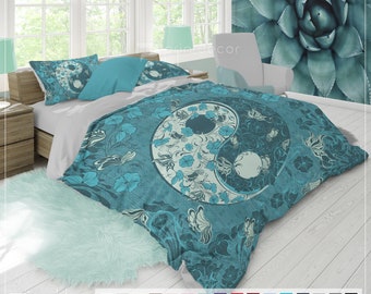 Yin Yang Bedding, Boho Yin Yang Duvet Cover Set, Dragon bedding, Black white yin Yang dragon bedding set