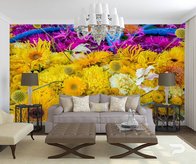 Yellow and Purple Floral WALL MURAL Flowers Wallpaper Mural Etsy