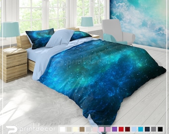 Turquoise Galaxy Bedding Set, Galaxy Duvet Cover Set, Deep Space Bedding, Nebula Bedroom Decor, Universe Bedding, Twin, Full, Queen, King
