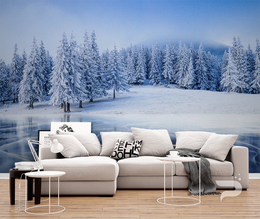 Winter Forest WALL MURAL Frozen Lake Wallpaper Large Wall - Etsy
