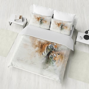 Wild & Free Bedding Set, Watercolor Tigers Duvet Cover Set, Cotton Sateen and Microfiber Bedding with Pillow Cases, Unique Designer Bedding